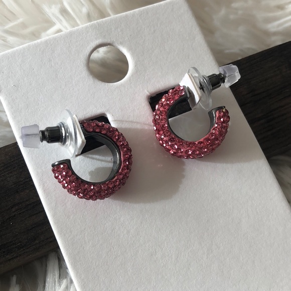 Express Pink Mini Pave Hoop Earrings - Picture 3 of 5